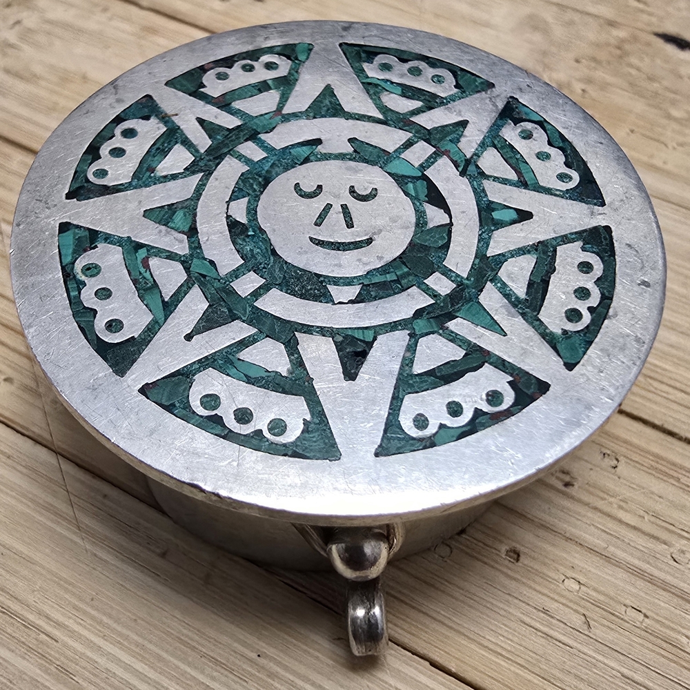Vintage Mexican Sterling Silver & Malachite Pill Box - TM-13 Taxco - 1oz